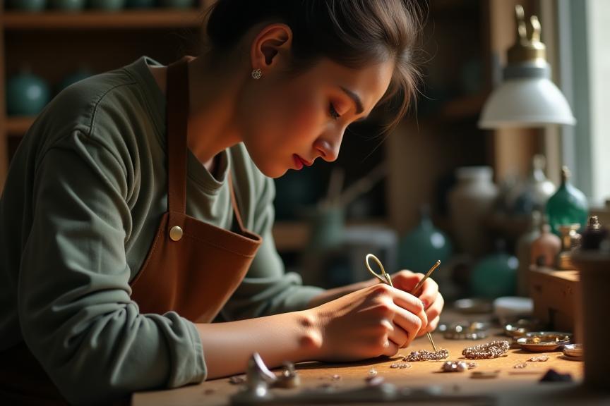 Artisan at workbench crafting jewelry