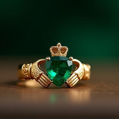 Emerald Claddagh ring with Celtic engraving